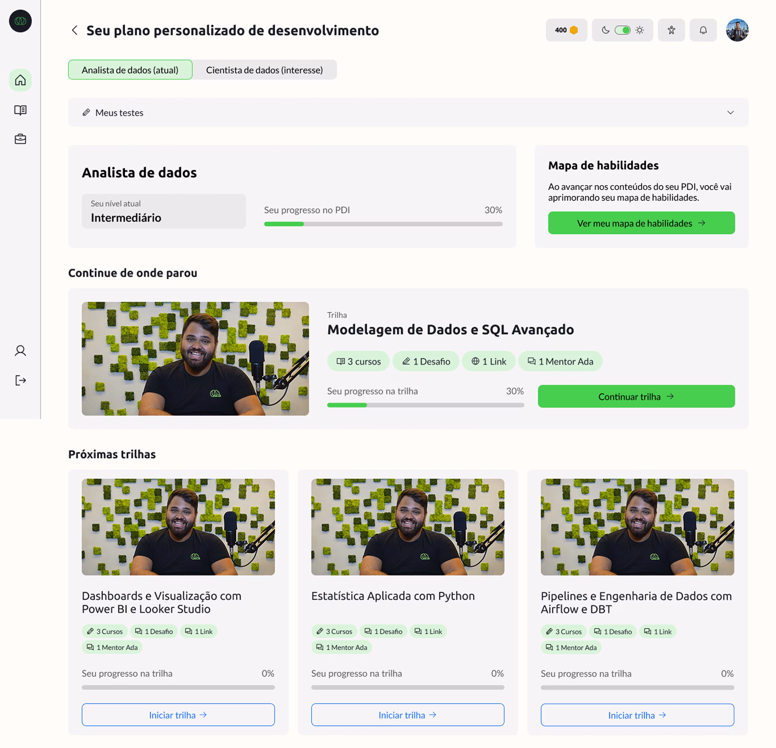 Ada learner dashboard with personalized development tracks