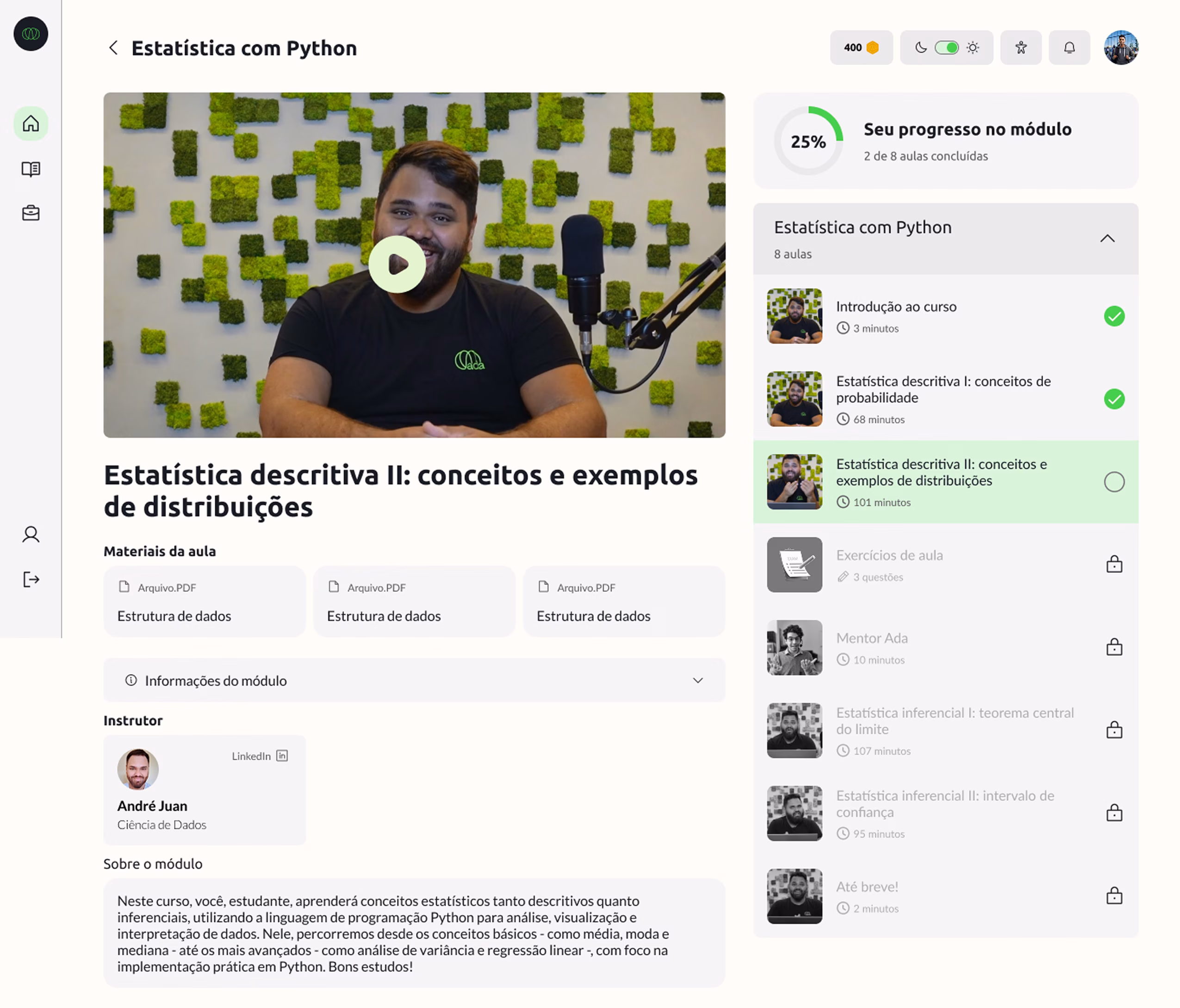 Ada course lesson view with video preview and materials